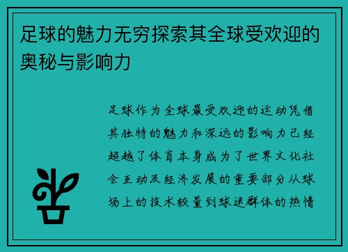 足球的魅力无穷探索其全球受欢迎的奥秘与影响力